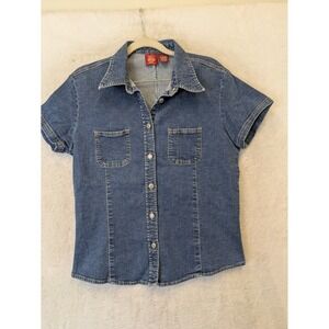 Gap Blue Jeans Y2K Denim Shirt Women's L Blue Short Sleeve Button 90s